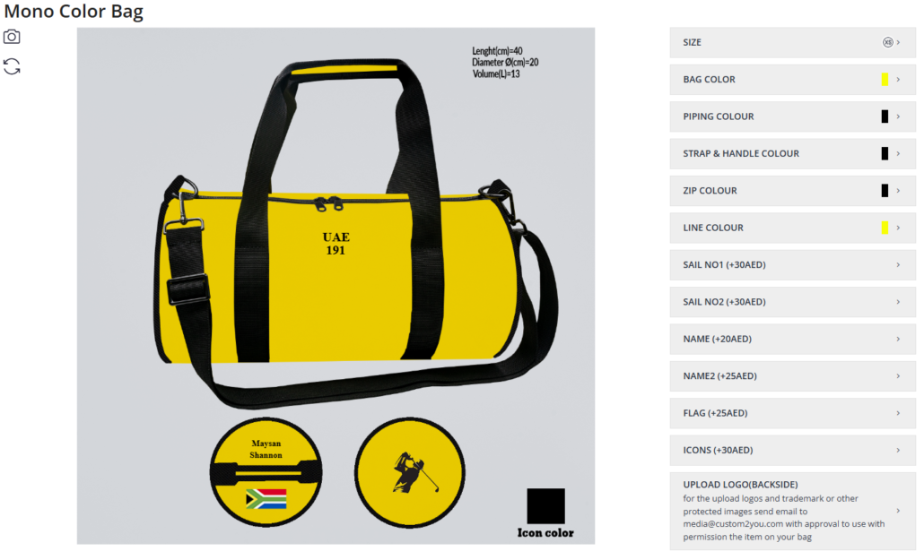 Custom mono Custom Sports Bag personalized with name, logo, and country flag