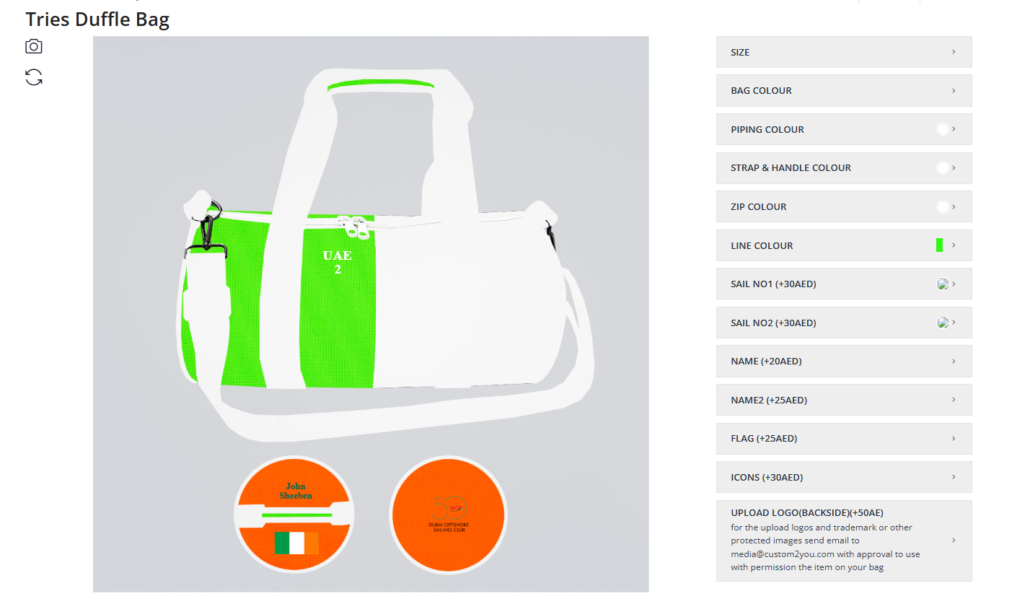 custom logo duffle bag with name , flag and UAE text and number