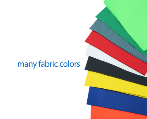 Various fabric color options for customised bags including red, black, blue, green, and beige